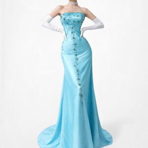 Vintage Y2K Pastel Blue Strapless Floral Beaded Satin Maxi Prom Dress Size S